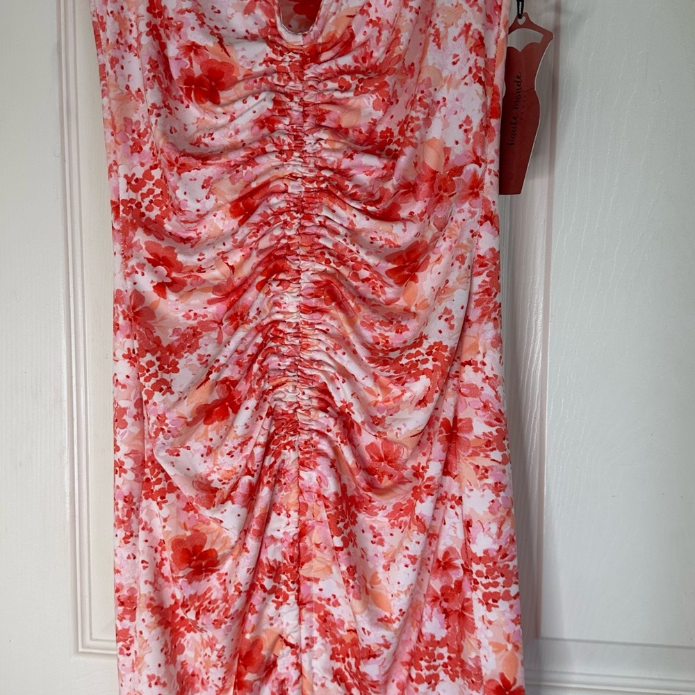 Floral Ruched Dress in Red and White